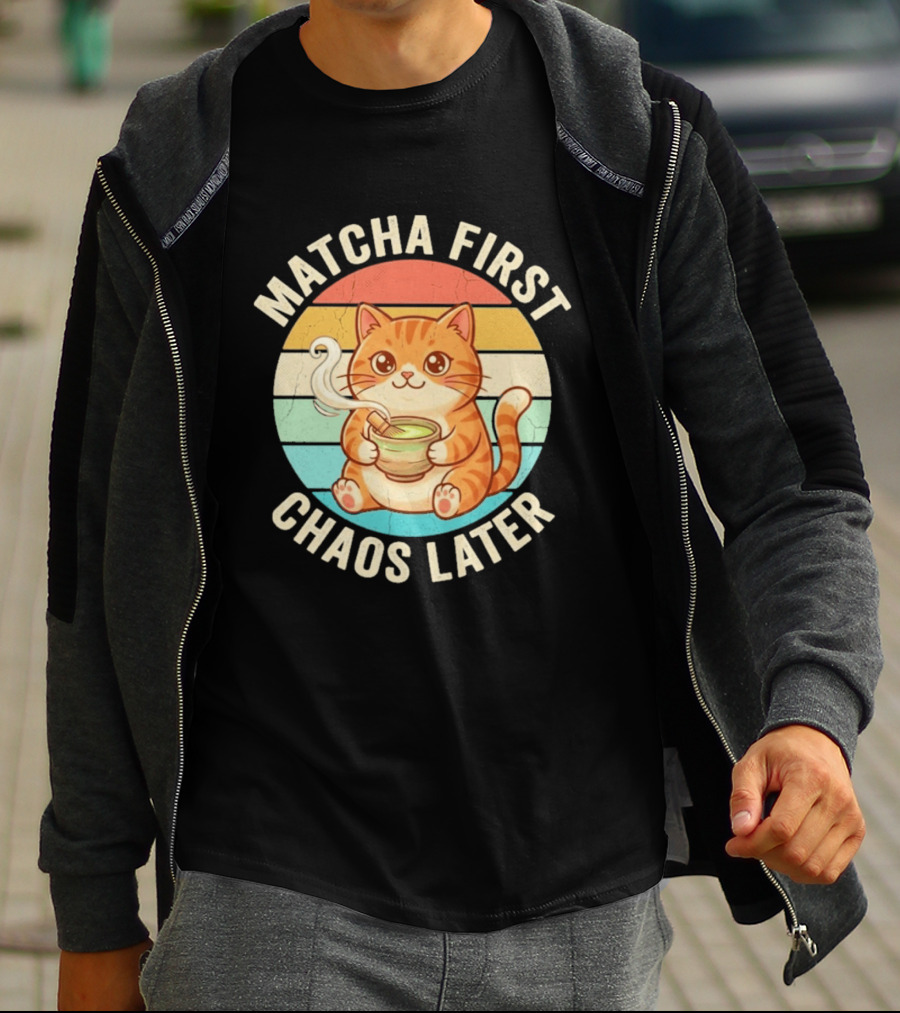 Matcha First Chaos Later Cat Retro Stripes Tea T-Shirt