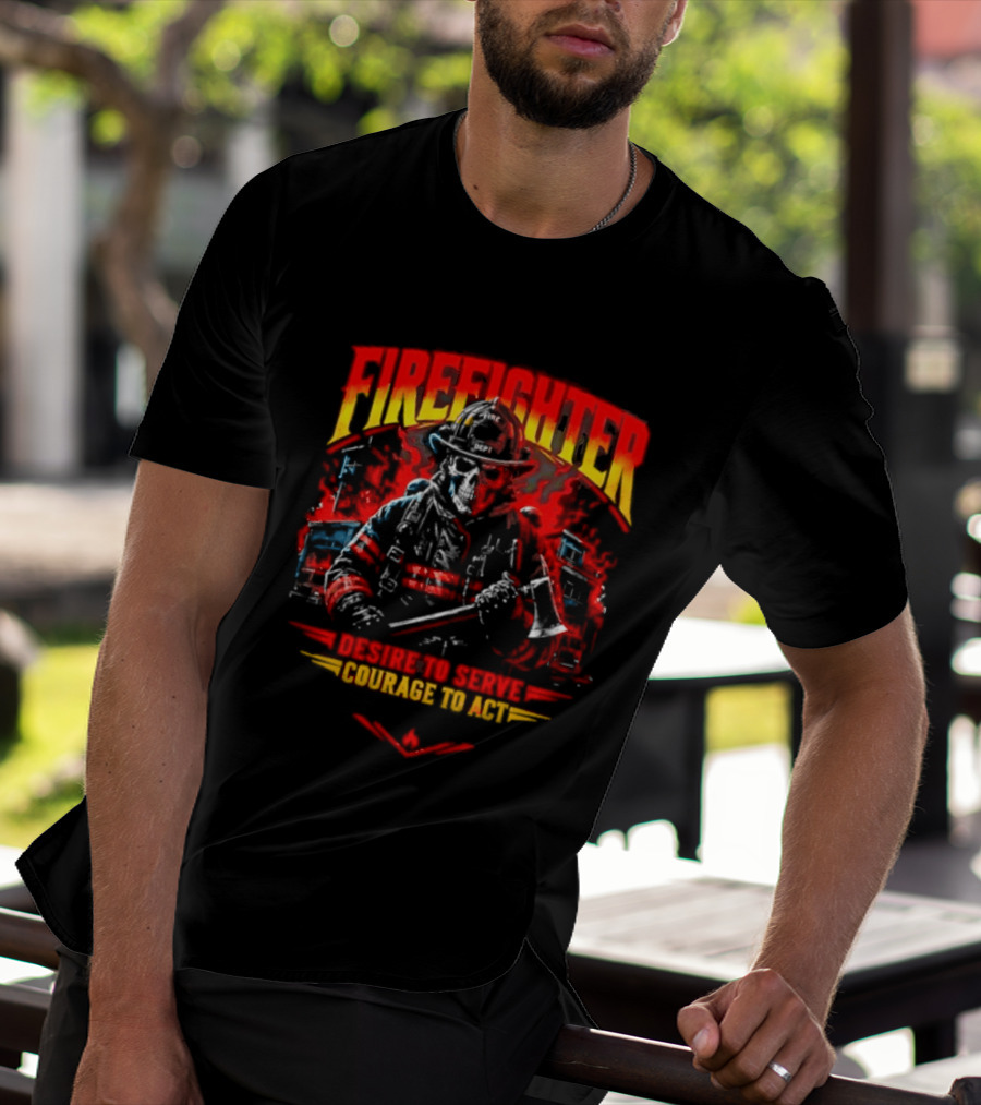 Firefighter Skull Desire To Serve Courage To Act Vintage Fireman Helmet And Axe T-Shirt