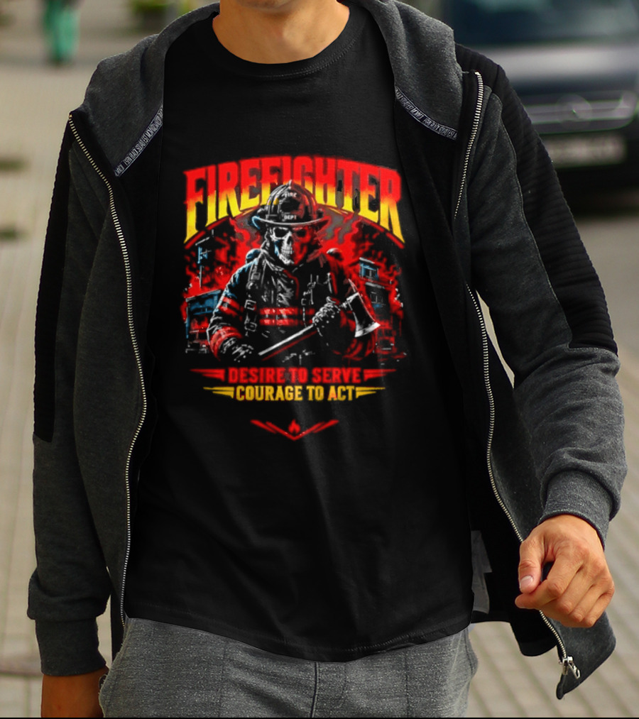 Firefighter Skull Desire To Serve Courage To Act Vintage Fireman Helmet And Axe T-Shirt