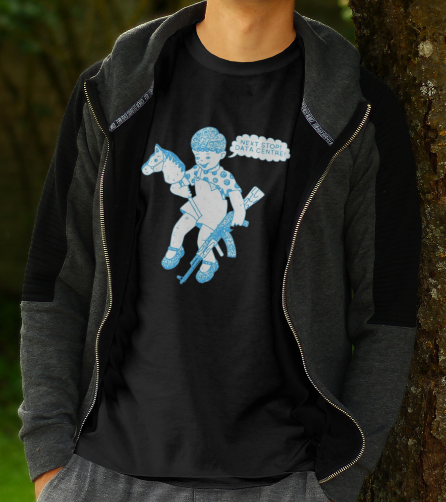 Next Stop Data Centre Kid With Hobby Horse And Toy Rifle Tech Humor T-Shirt
