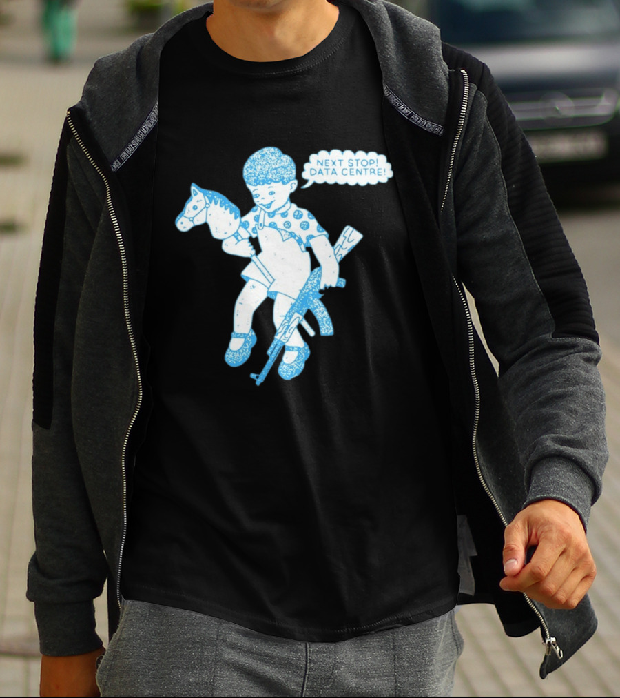 Next Stop Data Centre Kid With Hobby Horse And Toy Rifle Tech Humor T-Shirt