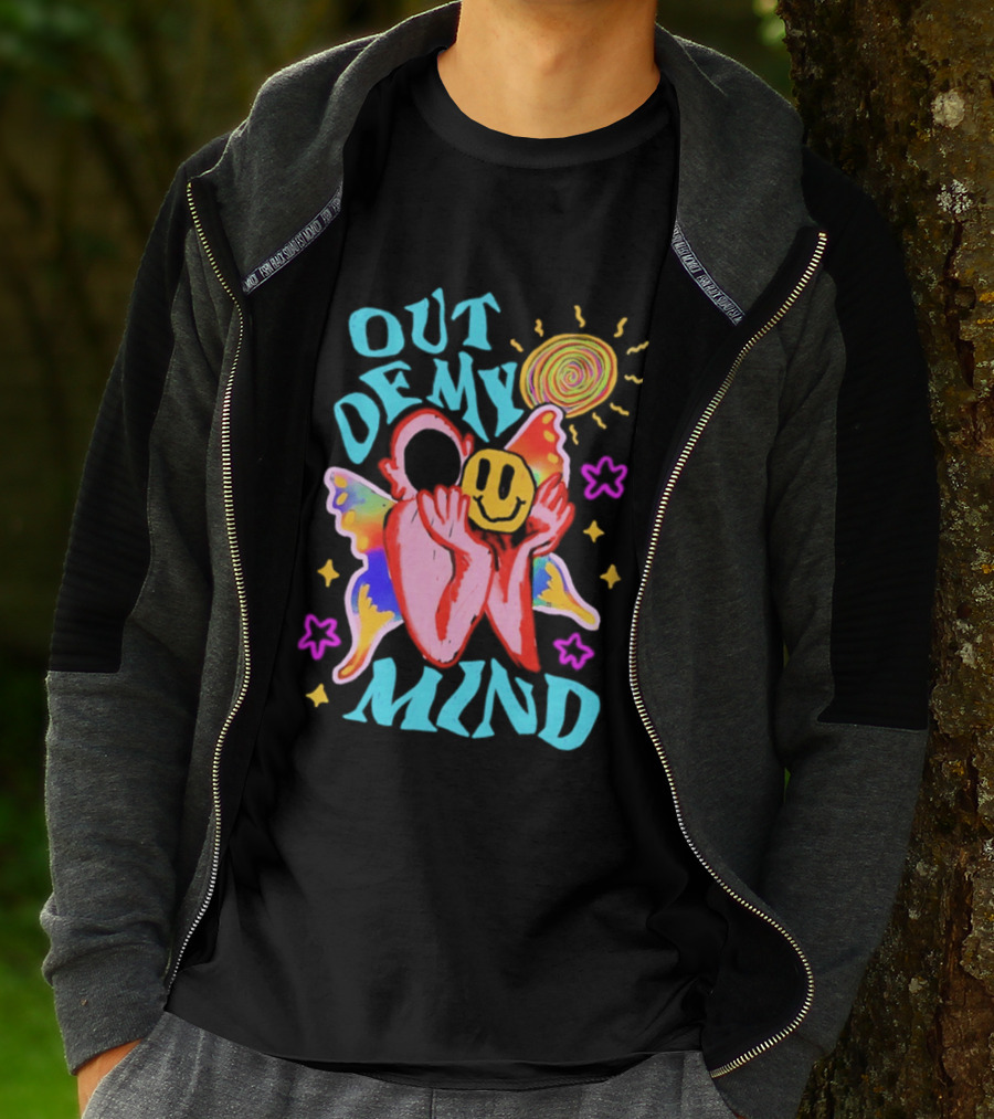 Out Of My Mind Smiley Face Butterfly Psychedelic Sunburst Fantasy Flowers T-Shirt