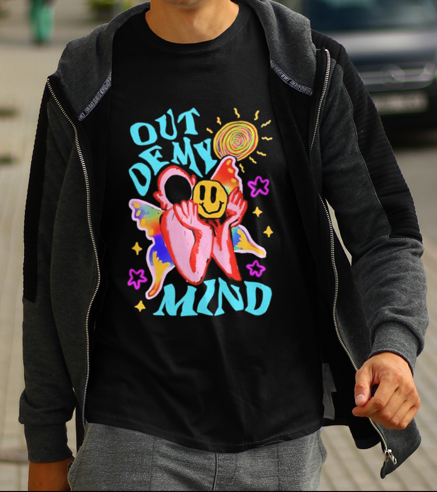 Out Of My Mind Smiley Face Butterfly Psychedelic Sunburst Fantasy Flowers T-Shirt