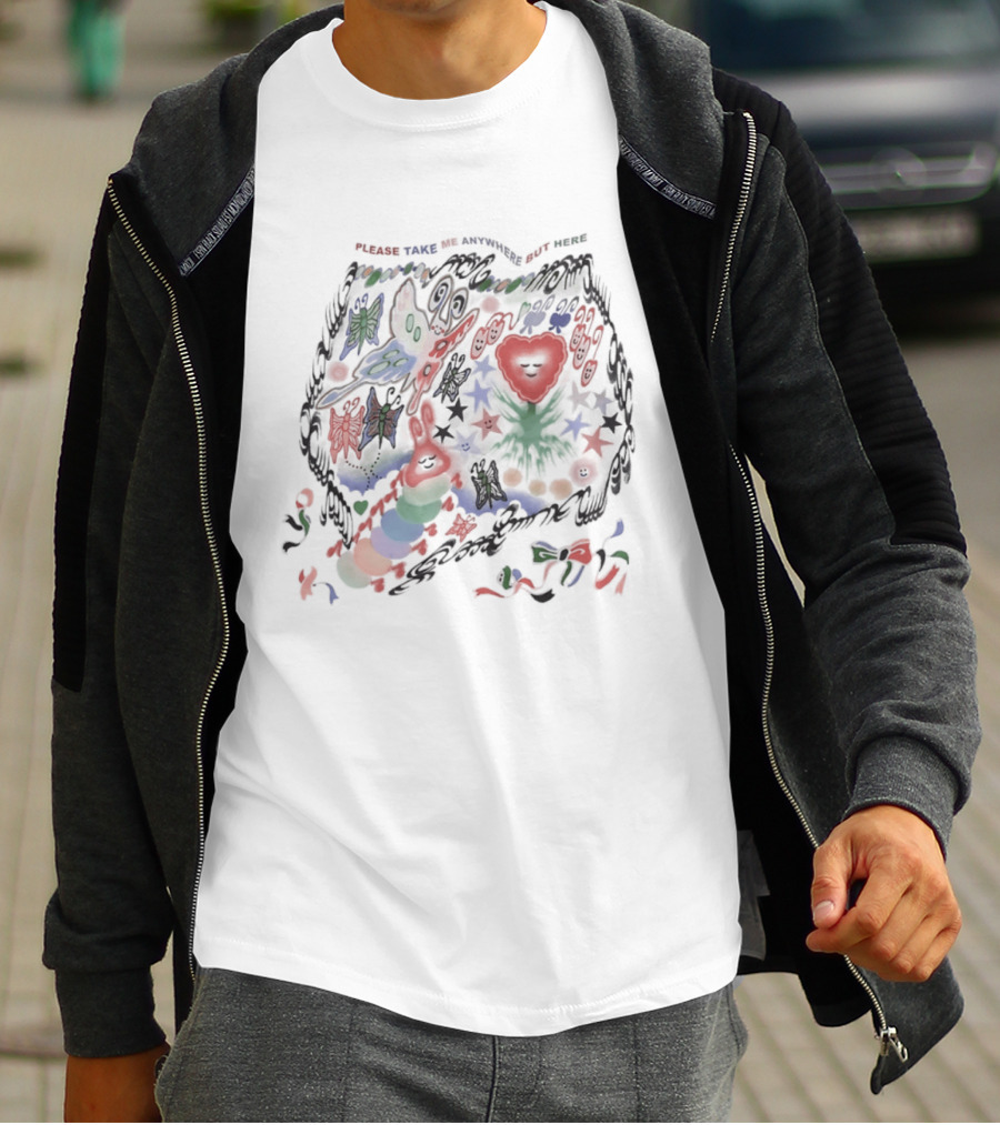 Please Take Me Anywhere But Here Colorful Butterflies And Heart T-Shirt