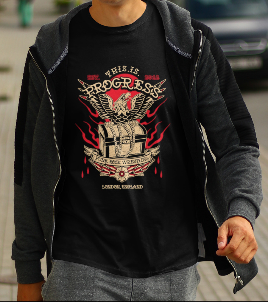 This Is Progress Punk Rock Wrestling London England Est. 2012 Eagle Chest Flames T-Shirt