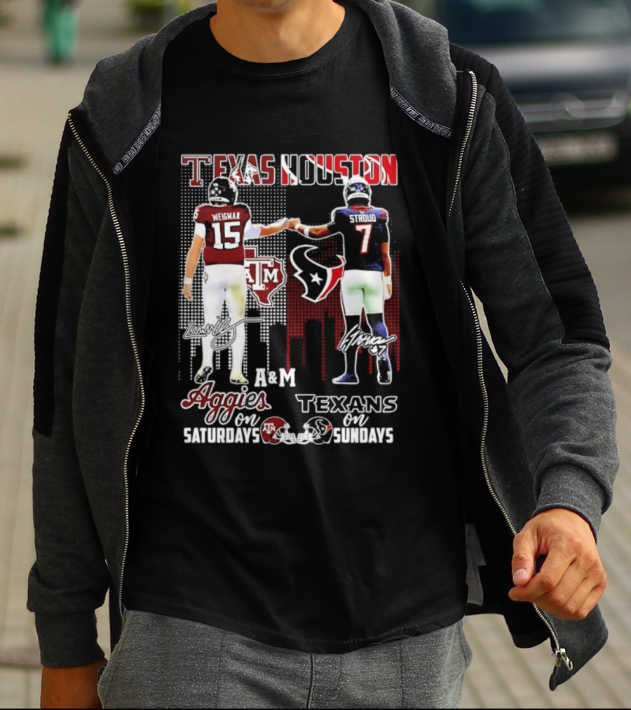 Texas A&M Aggies Weigman And Houston Texans Stroud Skyline Signatures For Saturdays And Sundays T-Shirt