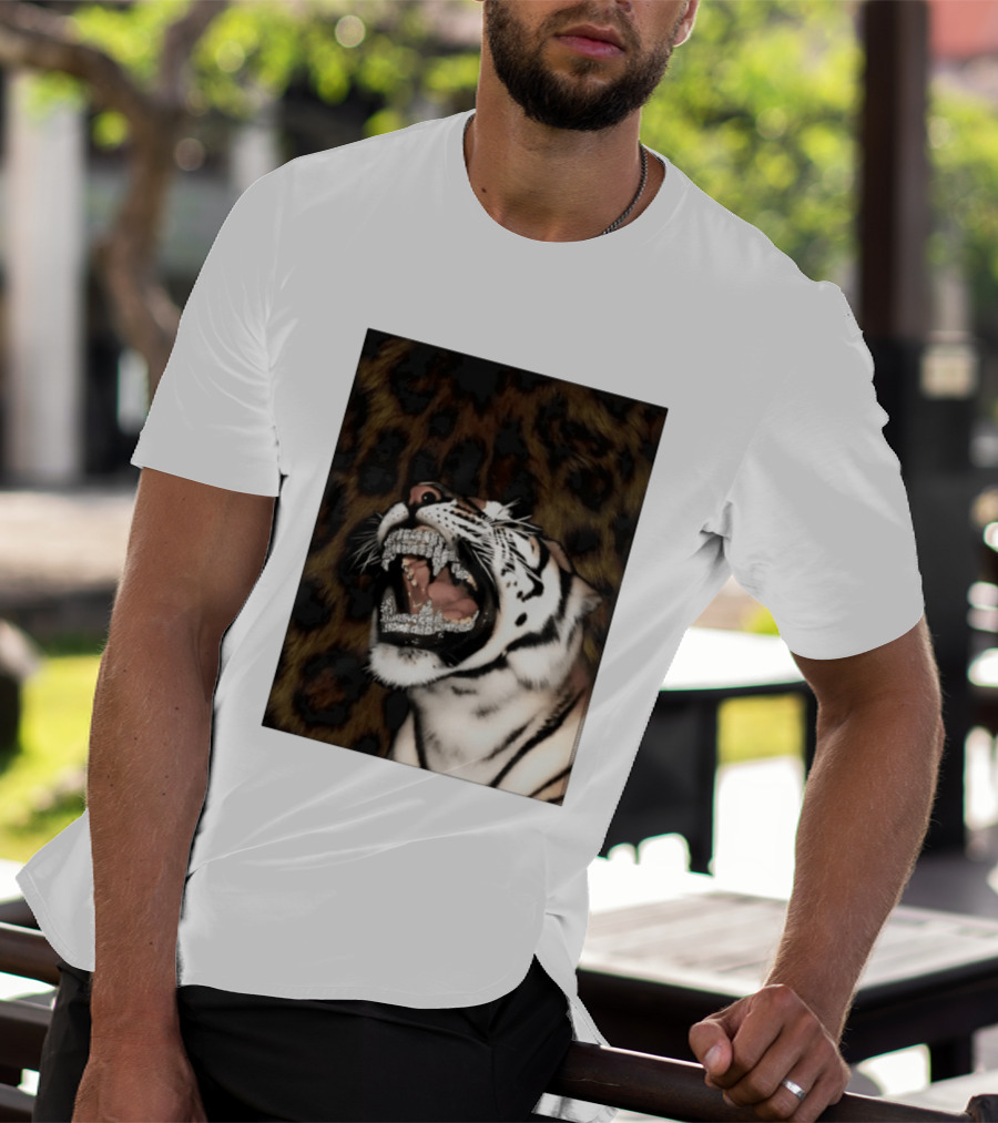 Tiger Diamond Grillz Iced Out Animal Roaring With Leopard Print T-Shirt