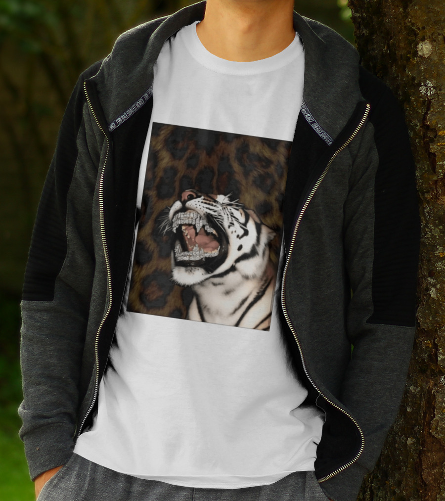 Tiger Diamond Grillz Iced Out Animal Roaring With Leopard Print T-Shirt