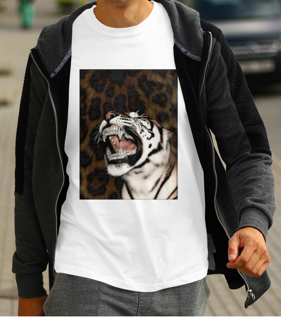 Tiger Diamond Grillz Iced Out Animal Roaring With Leopard Print T-Shirt