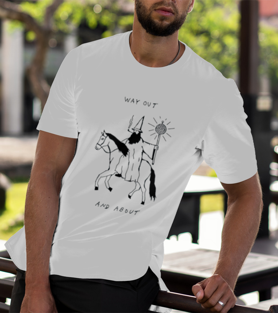Way Out And About Wizard On Horse With Disco Ball Staff T-Shirt