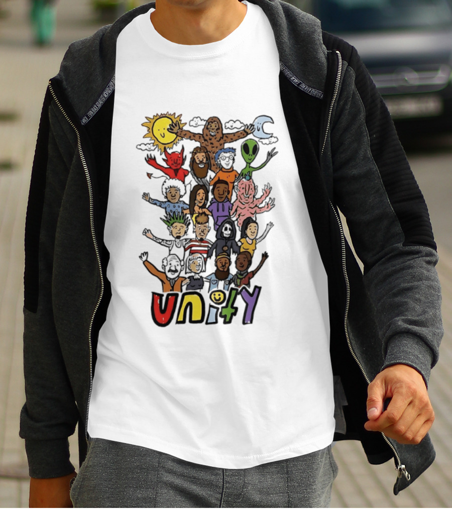 Unity Cartoon Characters Doodle Diverse Characters Aliens Bigfoot Devil Sun Moon T-Shirt