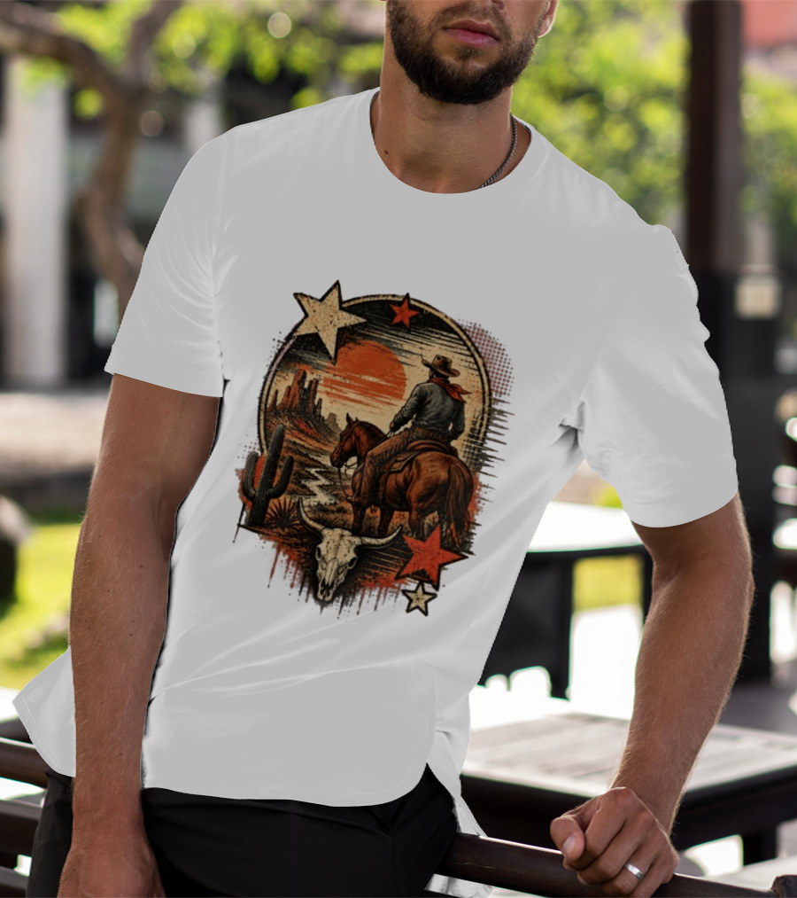 Cowboy On Horseback Under Desert Sunset With Cactus And Skull T-Shirt