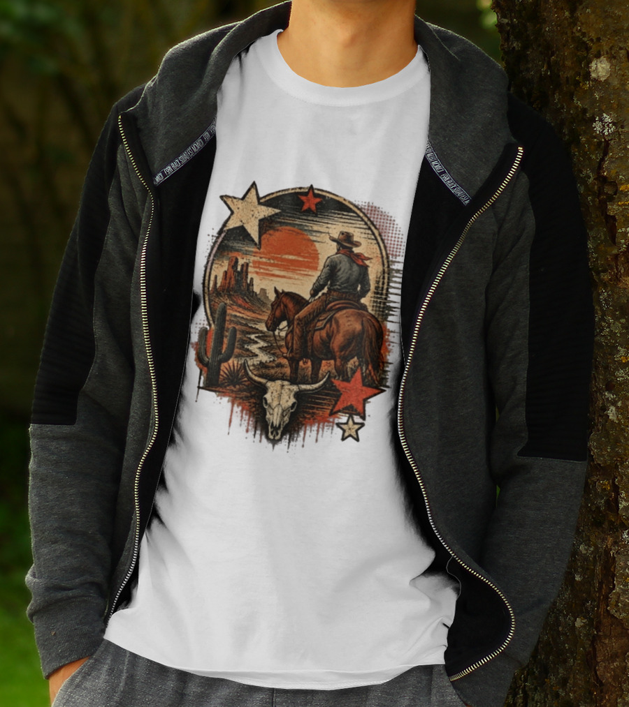 Cowboy On Horseback Under Desert Sunset With Cactus And Skull T-Shirt