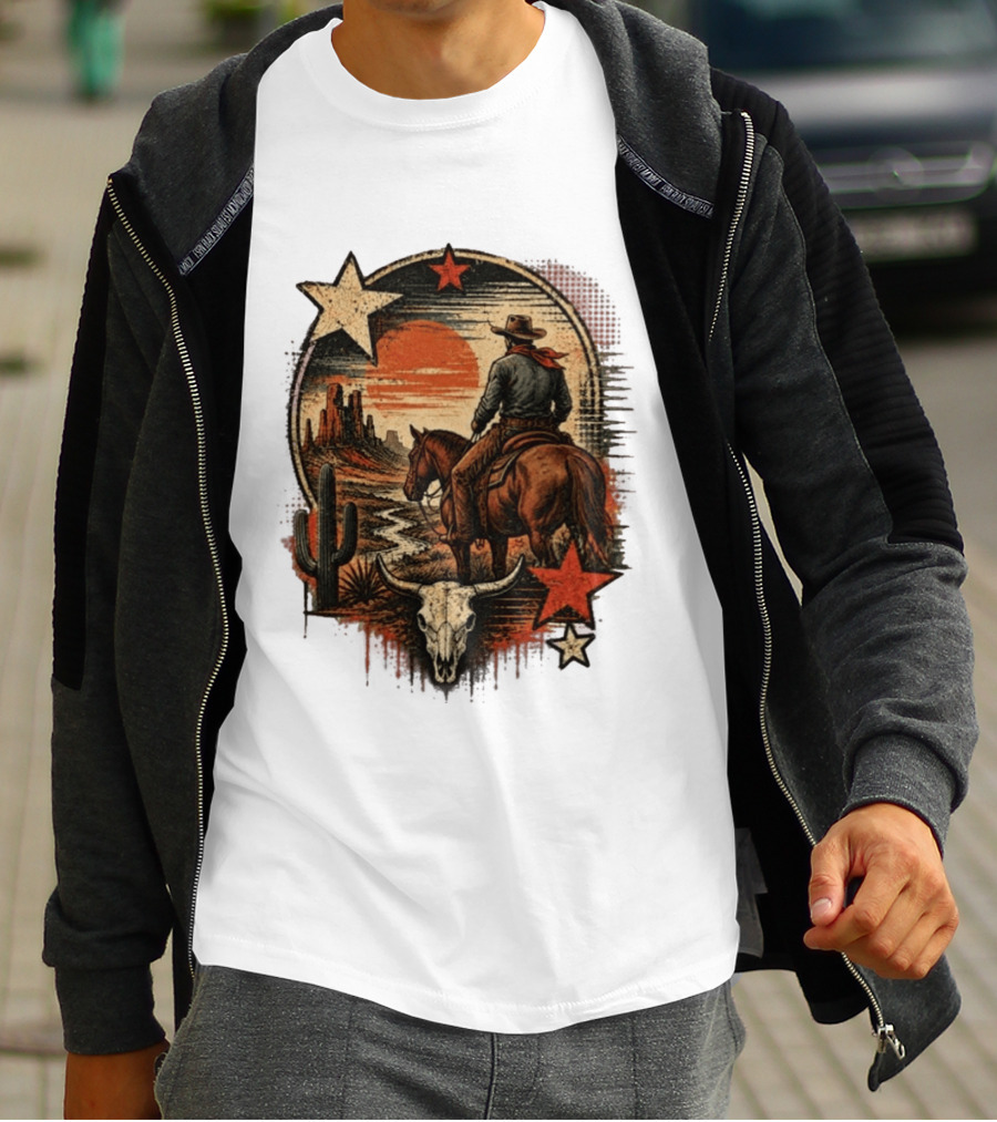 Cowboy On Horseback Under Desert Sunset With Cactus And Skull T-Shirt
