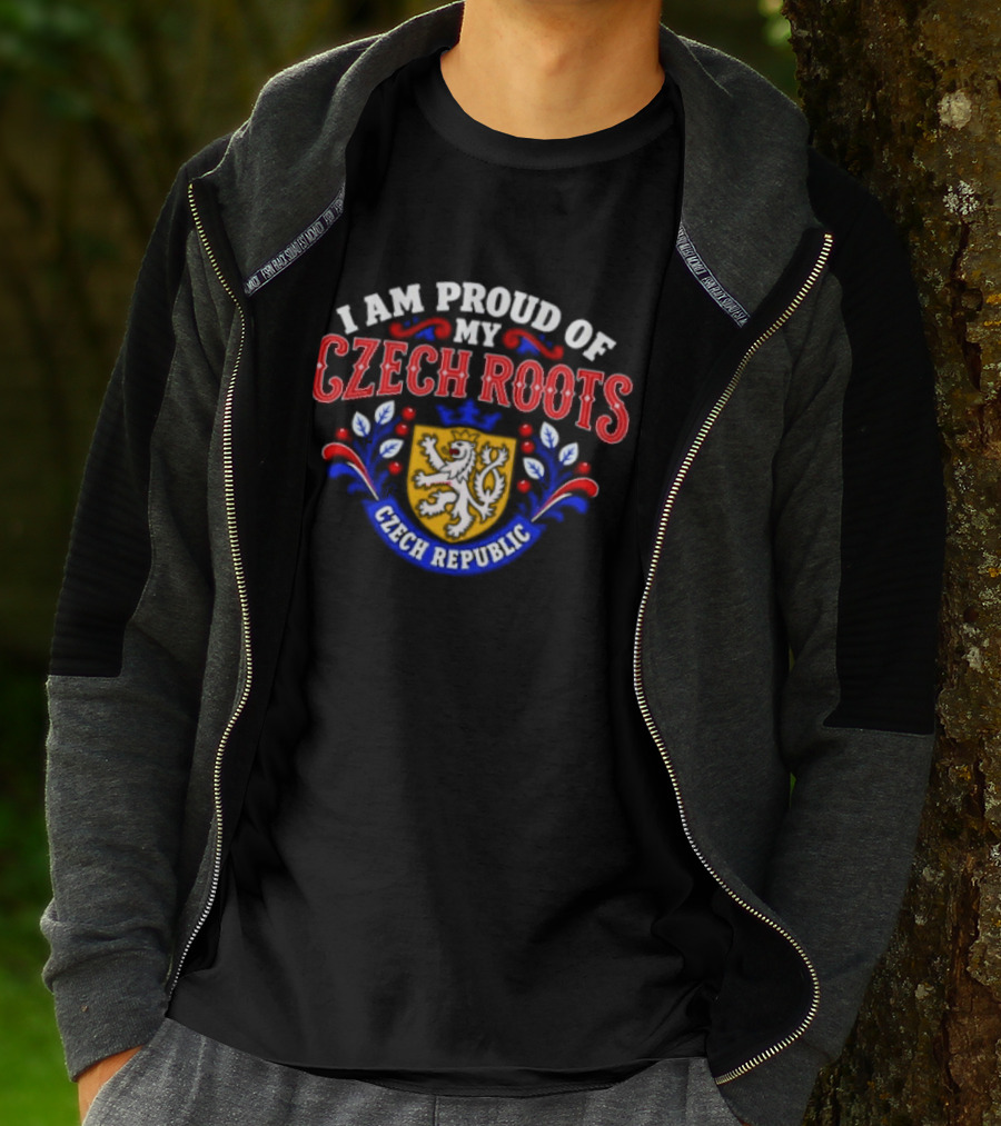 I Am Proud Of My Czech Roots Czech Republic Crest With Lion And Floral Motif T-Shirt