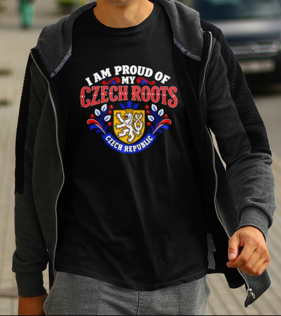 I Am Proud Of My Czech Roots Czech Republic Crest With Lion And Floral Motif T-Shirt