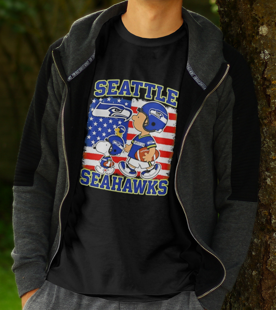 Snoopy Charlie Brown Seattle Seahawks American Flag Football T-Shirt