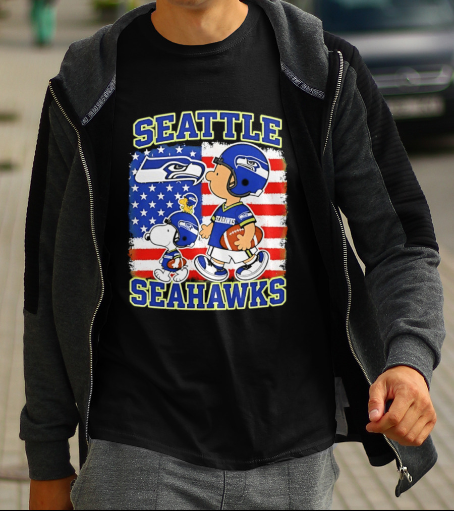 Snoopy Charlie Brown Seattle Seahawks American Flag Football T-Shirt