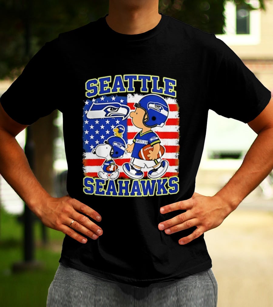 Snoopy Charlie Brown Seattle Seahawks American Flag Football T-Shirt
