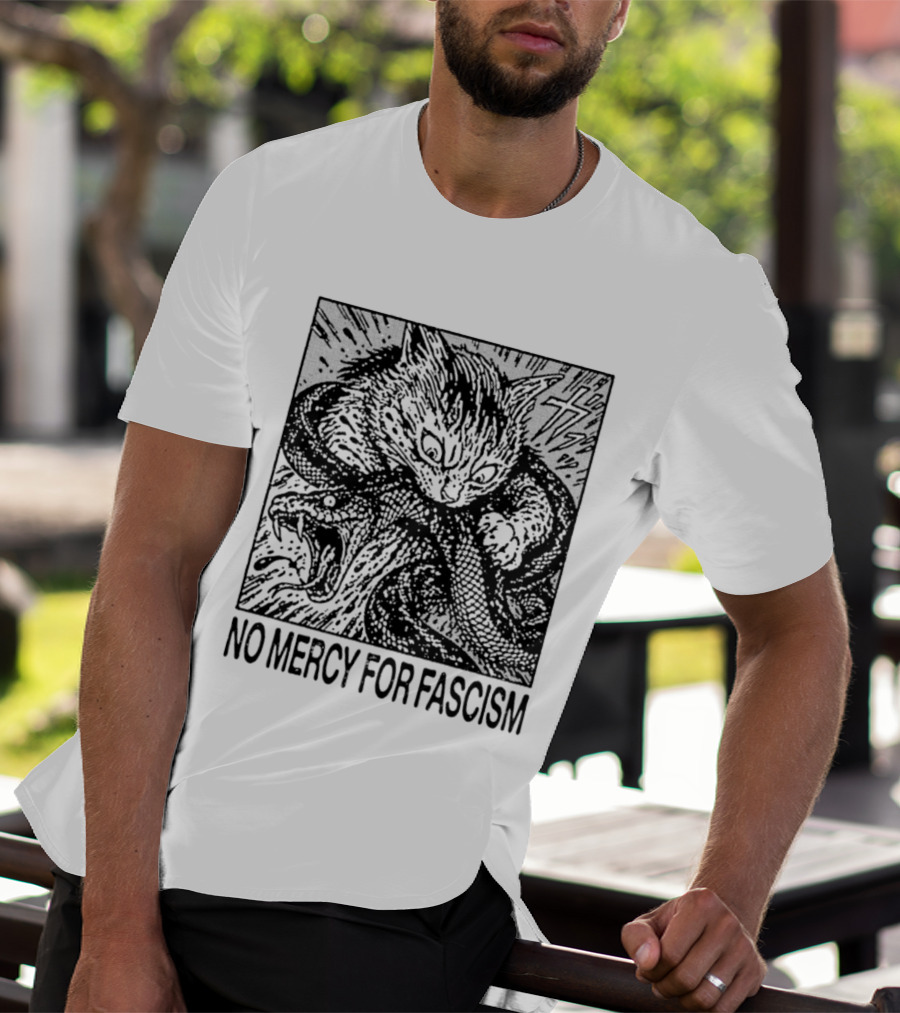No Mercy For Fascism Cat Fighting Snake T-Shirt