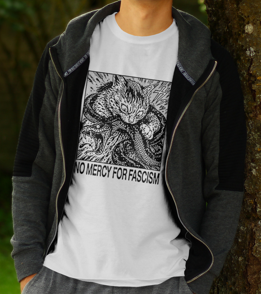No Mercy For Fascism Cat Fighting Snake T-Shirt