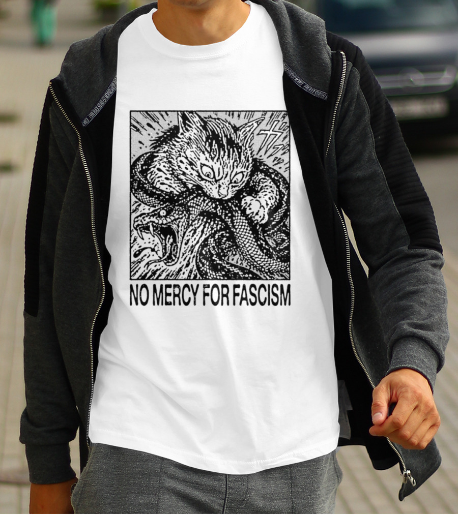 No Mercy For Fascism Cat Fighting Snake T-Shirt