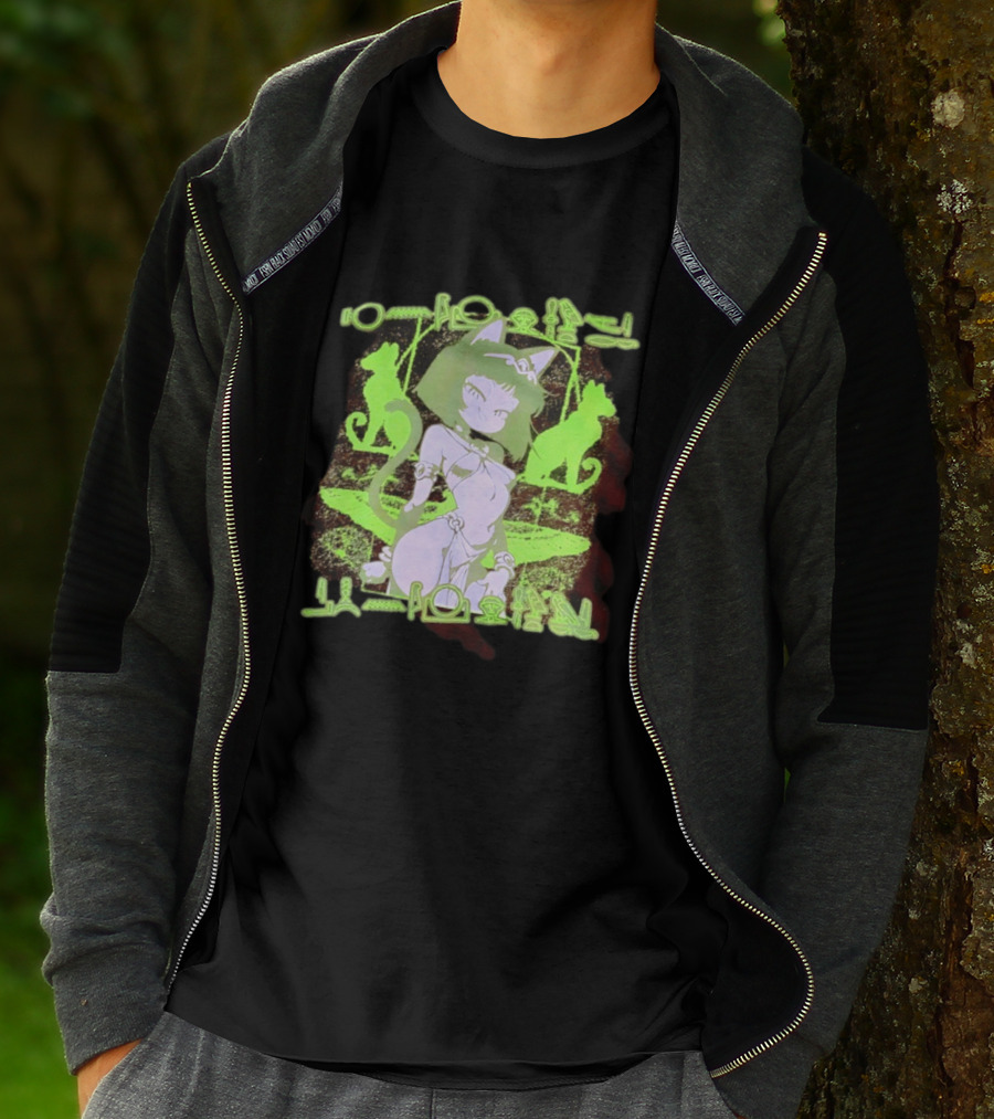 Anime Cat Girl Egyptian Hieroglyphics Neon Green Aesthetic T-Shirt
