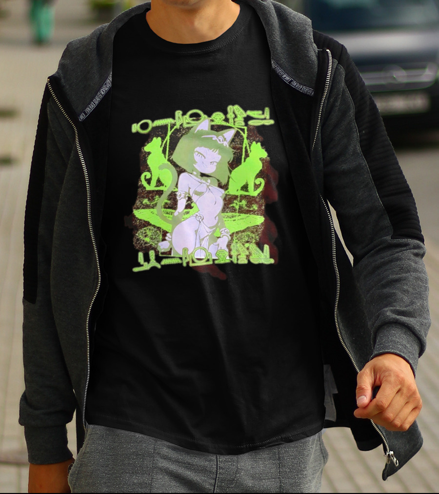 Anime Cat Girl Egyptian Hieroglyphics Neon Green Aesthetic T-Shirt