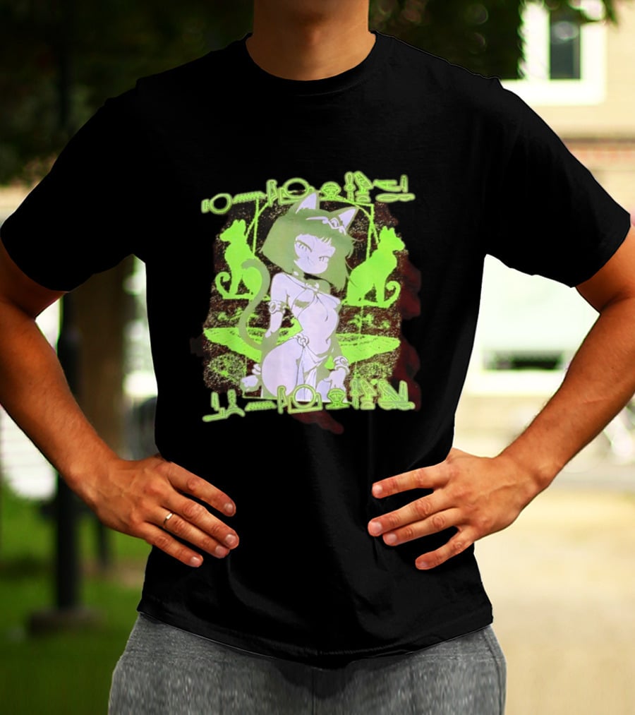 Anime Cat Girl Egyptian Hieroglyphics Neon Green Aesthetic T-Shirt
