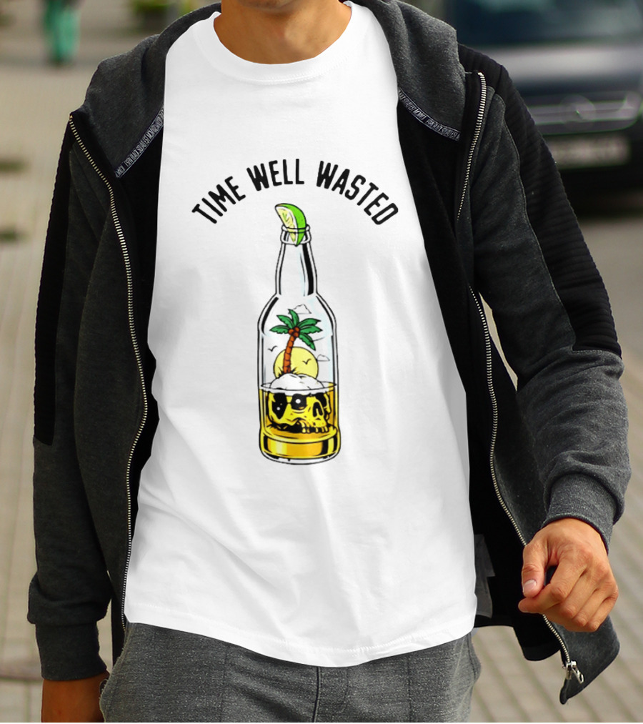 Time Well Wasted Skull And Palm Tree In Bottle With Lemon Slice T-Shirt
