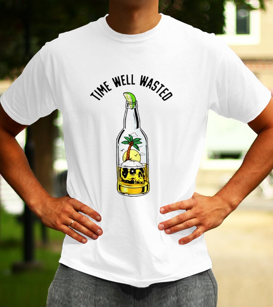 Time Well Wasted Skull And Palm Tree In Bottle With Lemon Slice T-Shirt