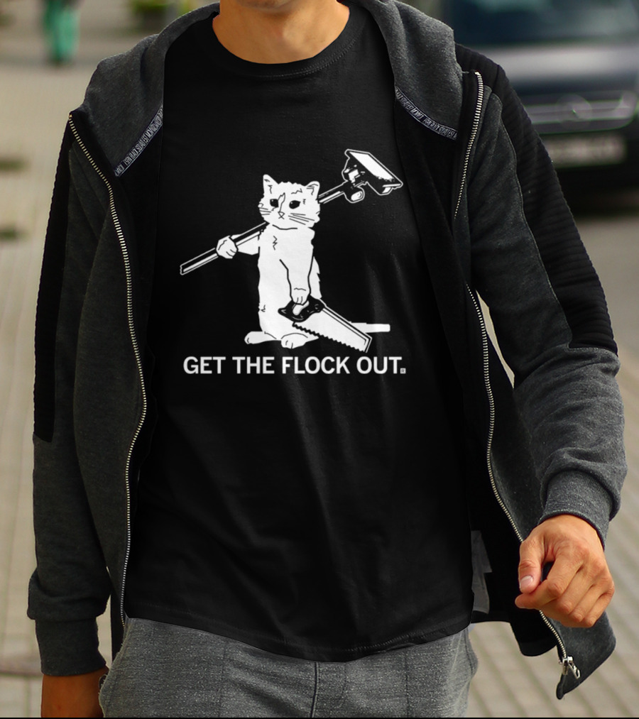 Cat Holding Saw And Broom Get The Flock Out T-Shirt