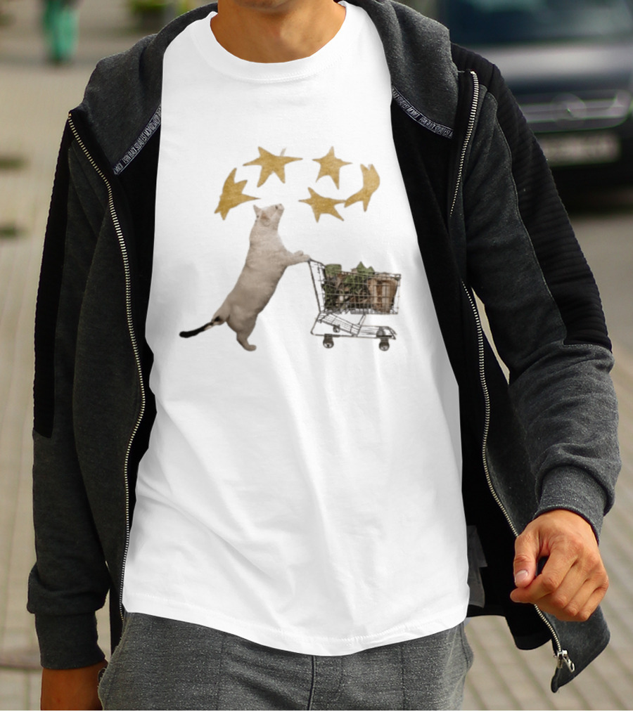 Cat Pushes Shopping Cart With Golden Stars Above T-Shirt