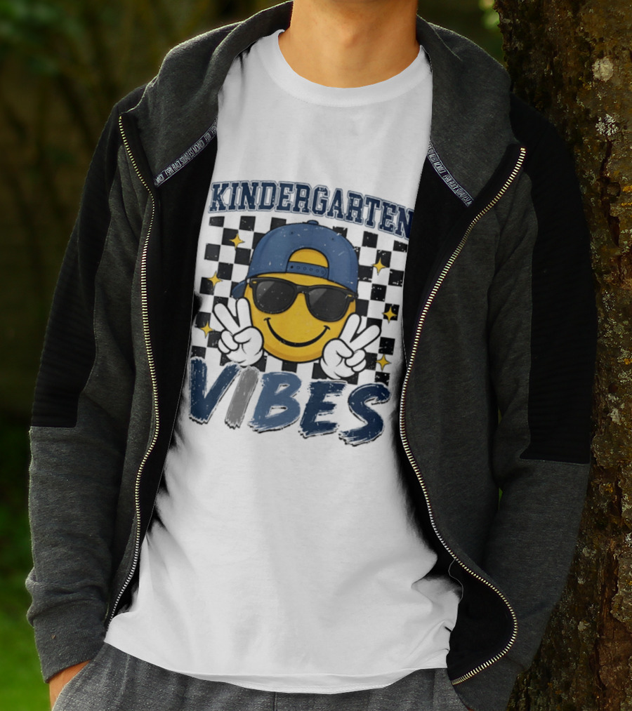Kindergarten Vibes Smiley Face Sunglasses Peace Sign Checkered T-Shirt