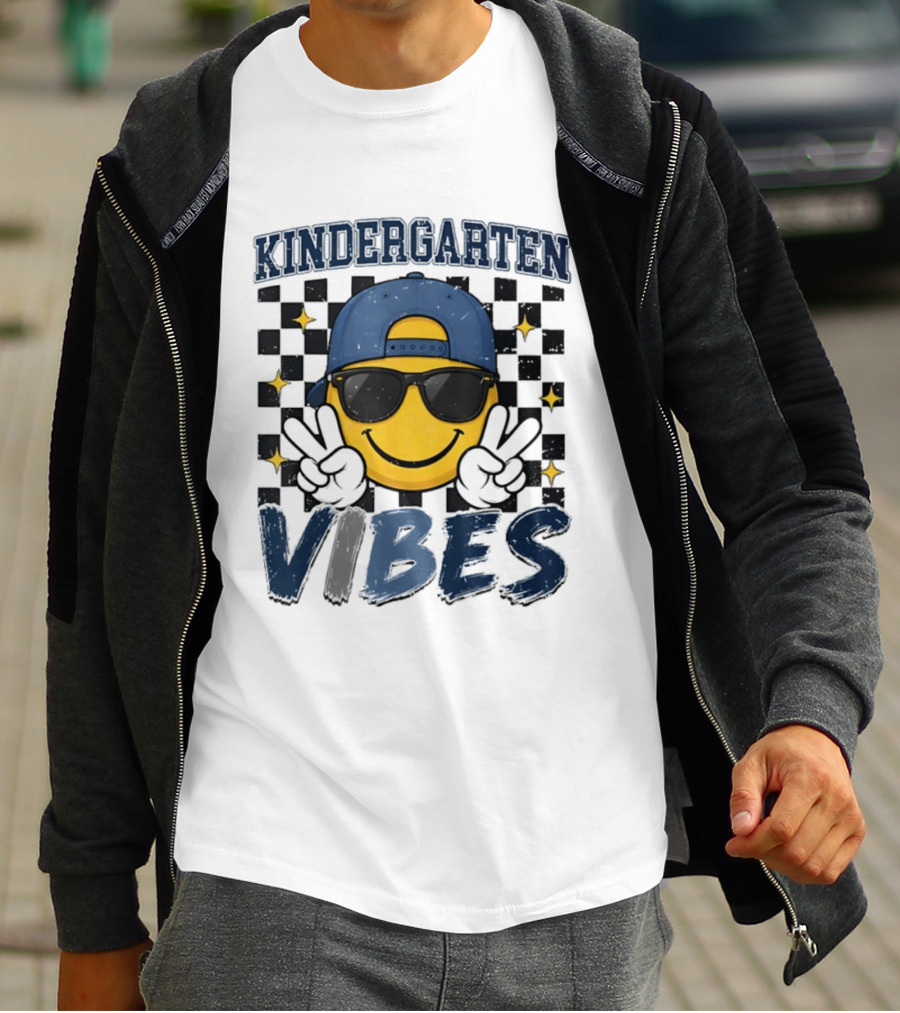 Kindergarten Vibes Smiley Face Sunglasses Peace Sign Checkered T-Shirt