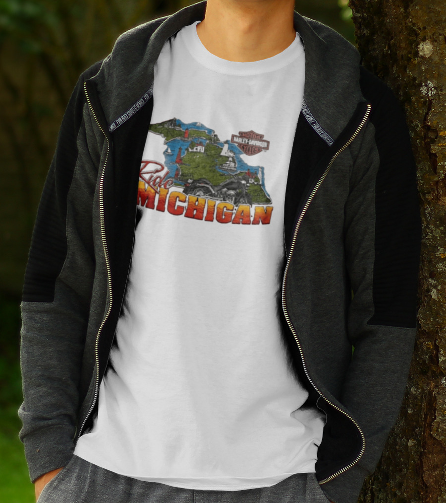 Ride Michigan Harley Davidson Motor Cycles Island Map And Lighthouse T-Shirt