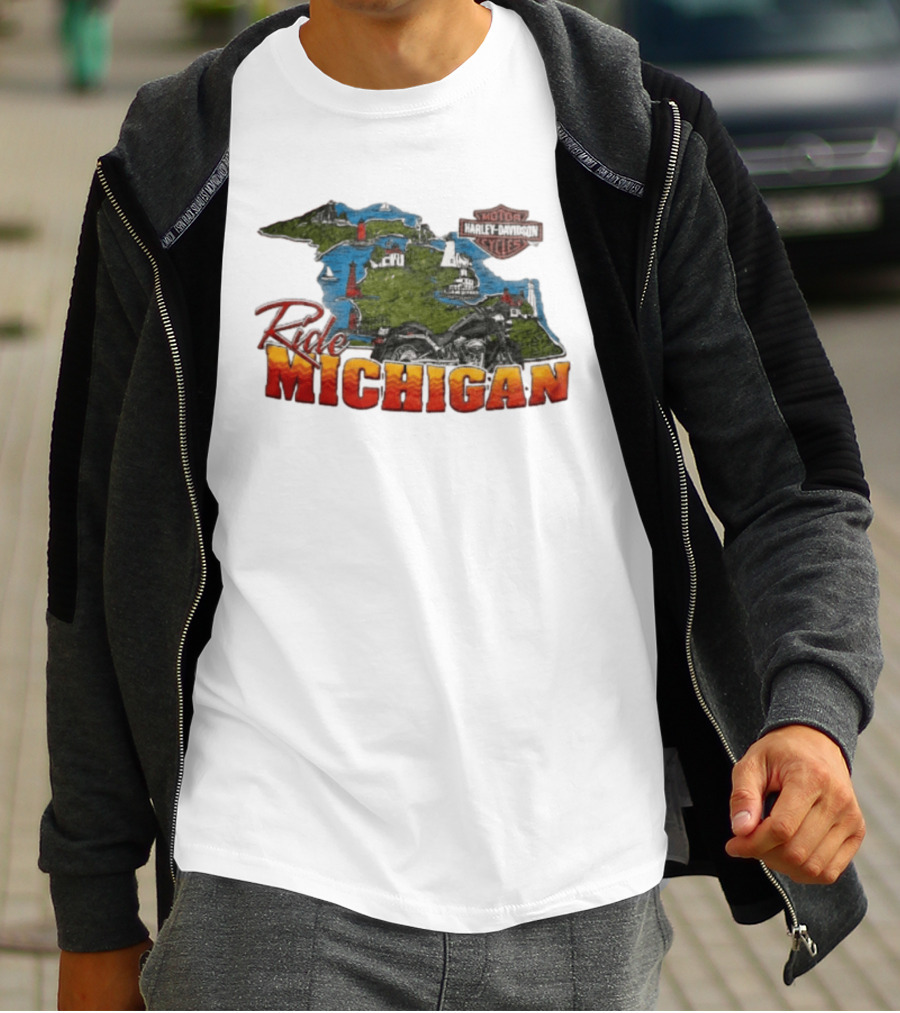 Ride Michigan Harley Davidson Motor Cycles Island Map And Lighthouse T-Shirt