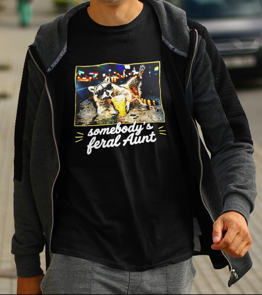 Somebody's Feral Aunt Raccoon Iced Coffee Street Scene T-Shirt