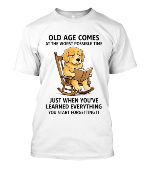 Golden Retriever Reading In Rocking Chair Old Age Humor T-Shirt