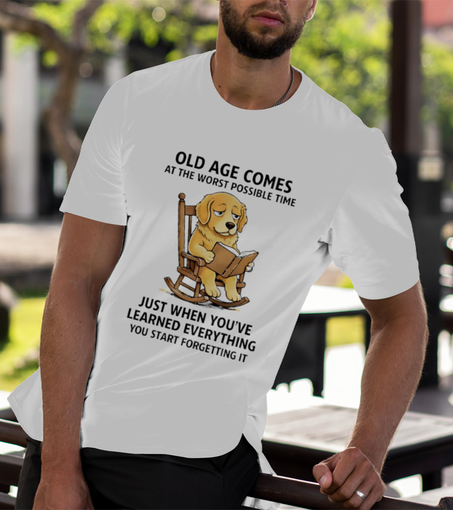 Golden Retriever Reading In Rocking Chair Old Age Humor T-Shirt