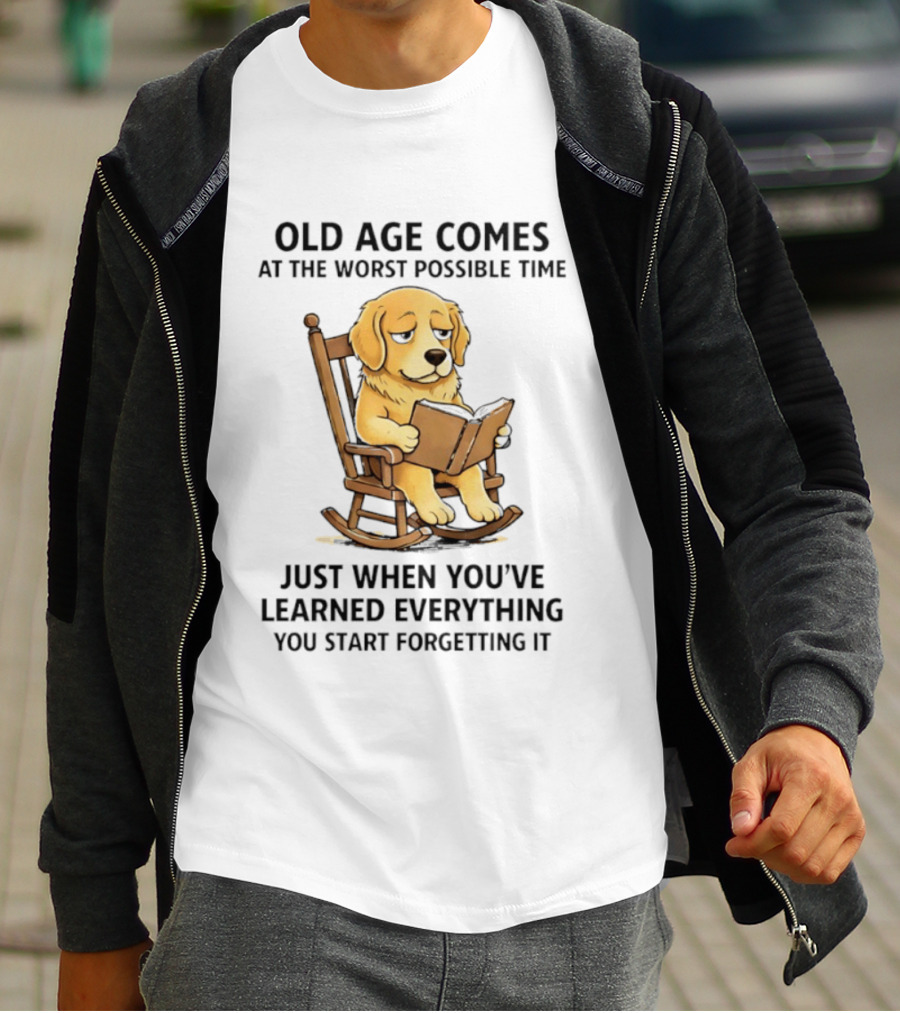 Golden Retriever Reading In Rocking Chair Old Age Humor T-Shirt