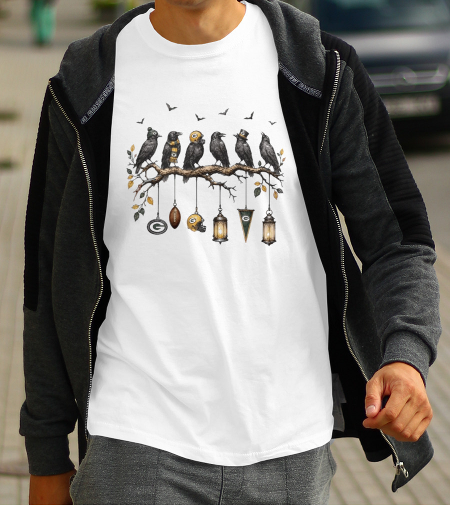 Green Bay Packers Fall Football Ravens On Branch With Leaves And Helmets T-Shirt