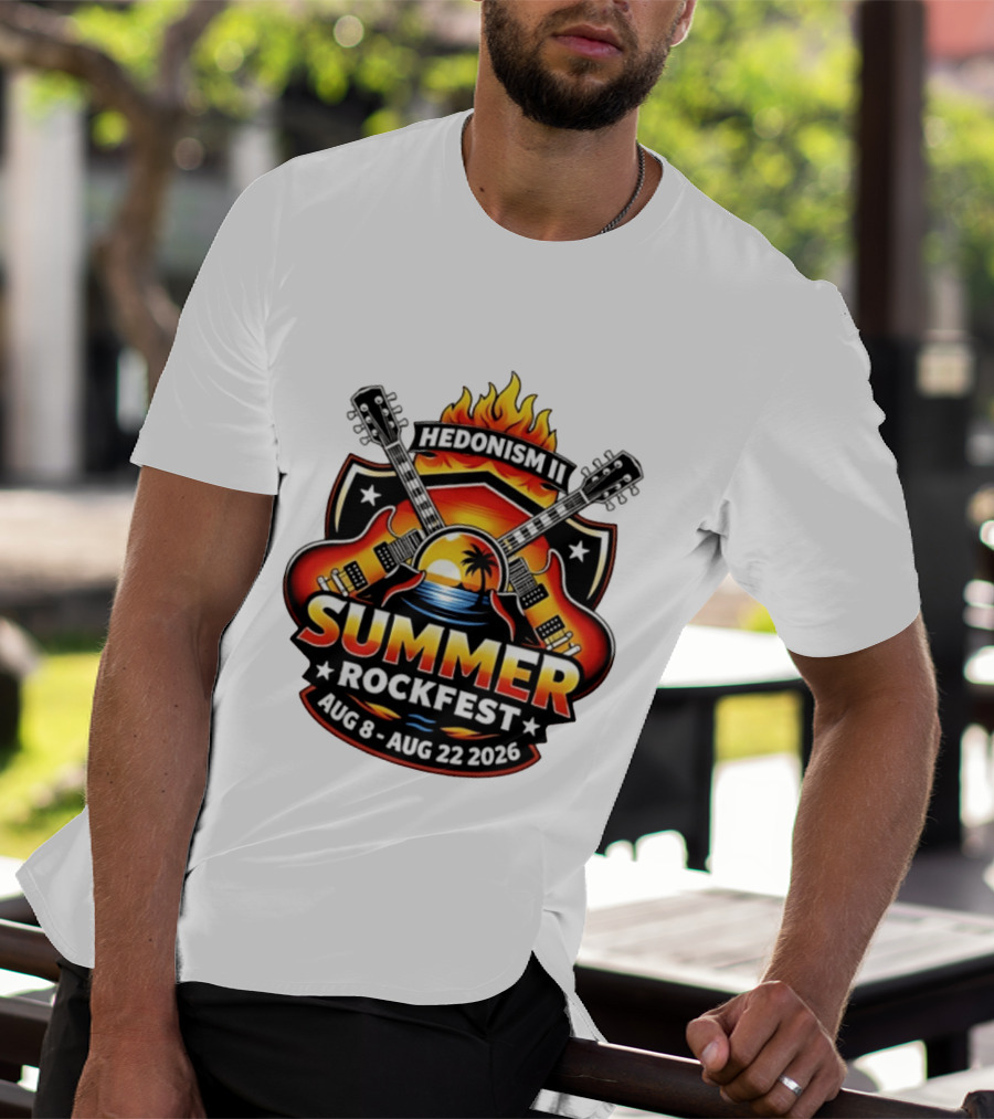 Hedonism II Summer Rockfest August 8 22 2026 Guitars Sunset Palms Fire T-Shirt