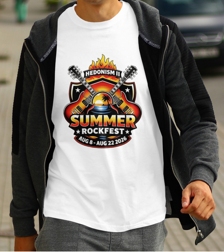 Hedonism II Summer Rockfest August 8 22 2026 Guitars Sunset Palms Fire T-Shirt