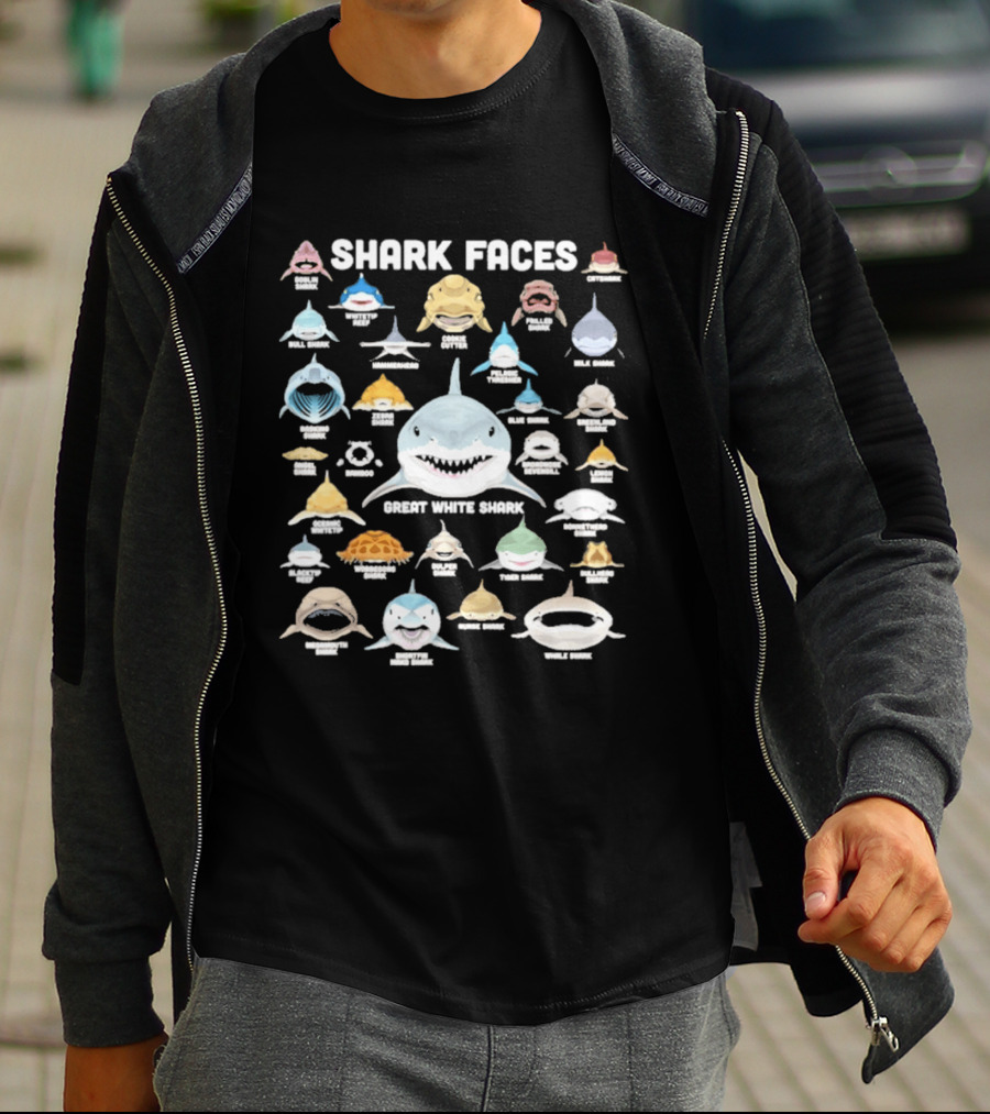 Shark Faces Types Marine Biology Great White Hammerhead Whale Tiger Goblin Thresher Whale Goblin T-Shirt