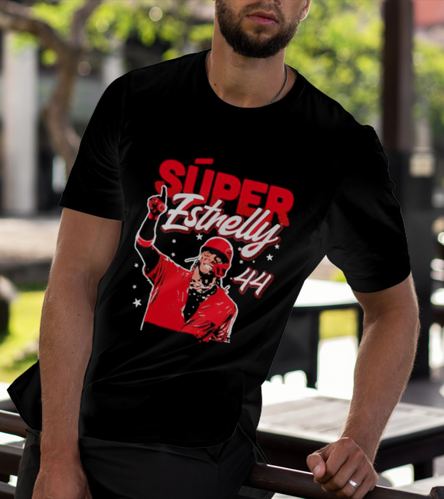 Súper Estrelly 44 Red Baseball Celebration Hero T-Shirt