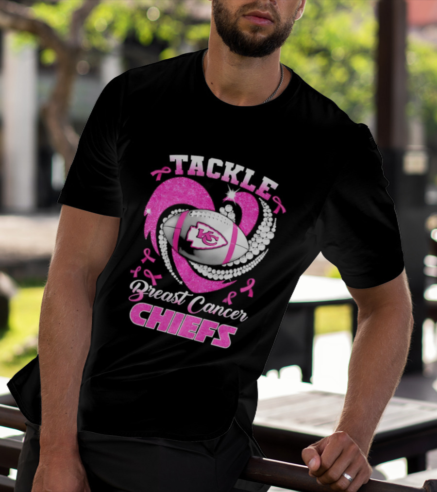Tackle Breast Cancer Kansas City Chiefs Pink Ribbon Football Heart T-Shirt