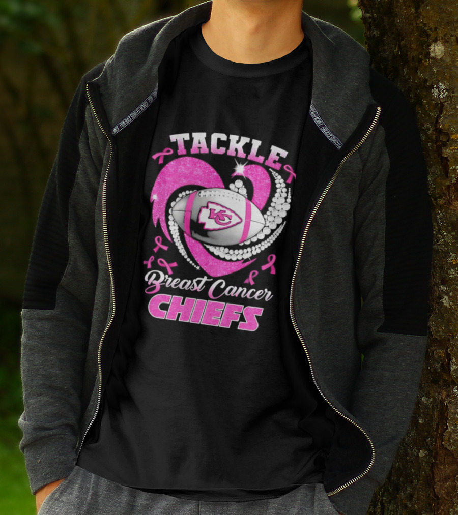 Tackle Breast Cancer Kansas City Chiefs Pink Ribbon Football Heart T-Shirt