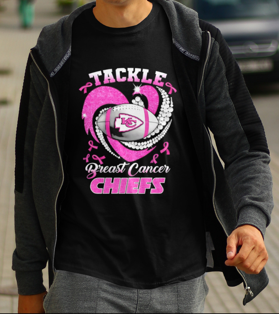 Tackle Breast Cancer Kansas City Chiefs Pink Ribbon Football Heart T-Shirt