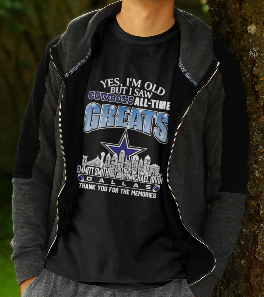 Yes I'm Old I Saw Cowboys All Time Greats Emmitt Smith Troy Aikman Skyline Dallas Thank You For The Memories T-Shirt